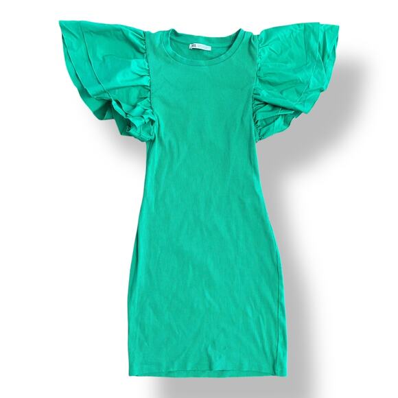 Zara Green Ribbed Ruffle Sleeve Bodycon Mini Dress Size M Preppy Spring - Picture 1 of 8